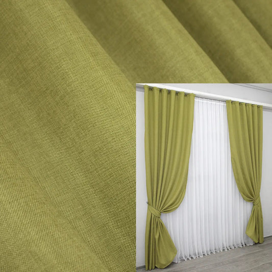 Olive green linen curtains with a coarse burlap texture, ideal for rustic, loft, and industrial-style interiors.
