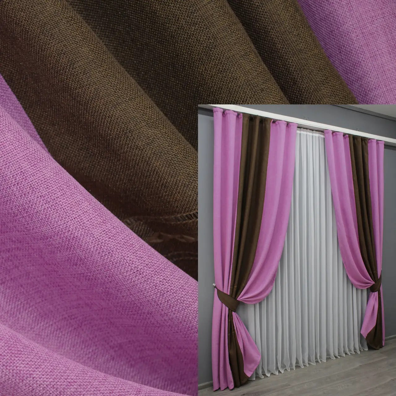 Pink and brown combined linen burlap curtains from the "Linen Texture" Collection, offering a refined and sophisticated contrast for modern and classic interiors.
