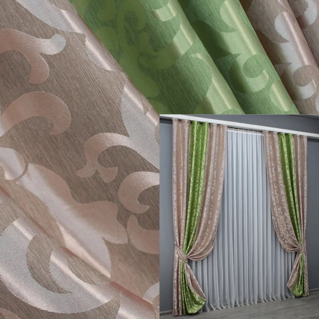 Powder pink and lime green combined jacquard curtains from the "Venzel" collection, offering an elegant, two-tone design with intricate woven textures for modern and classic interiors.
