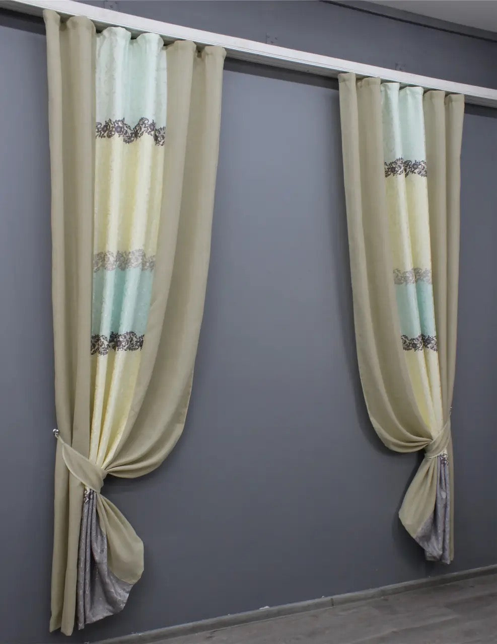 Premium beige and turquoise combined linen burlap curtains, perfect for creating a warm and stylish atmosphere in modern and rustic interiors.
