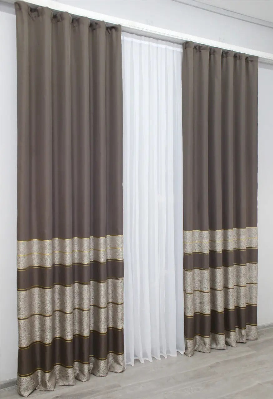 Premium-quality cappuccino curtains with gold border, perfect for elegant and classic decor.
