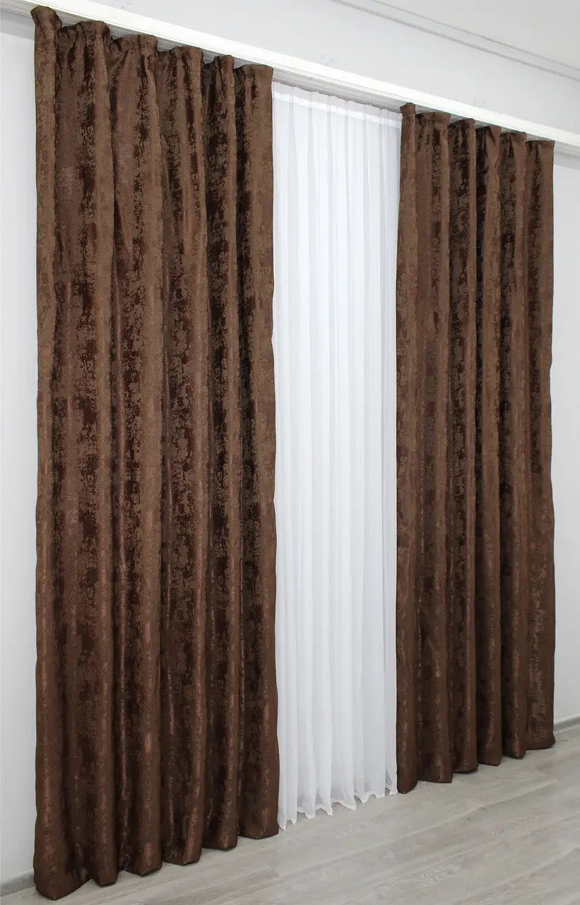 Premium chocolate brown curtains for bedrooms and living rooms, crafted from elegant jacquard fabric for timeless style.
