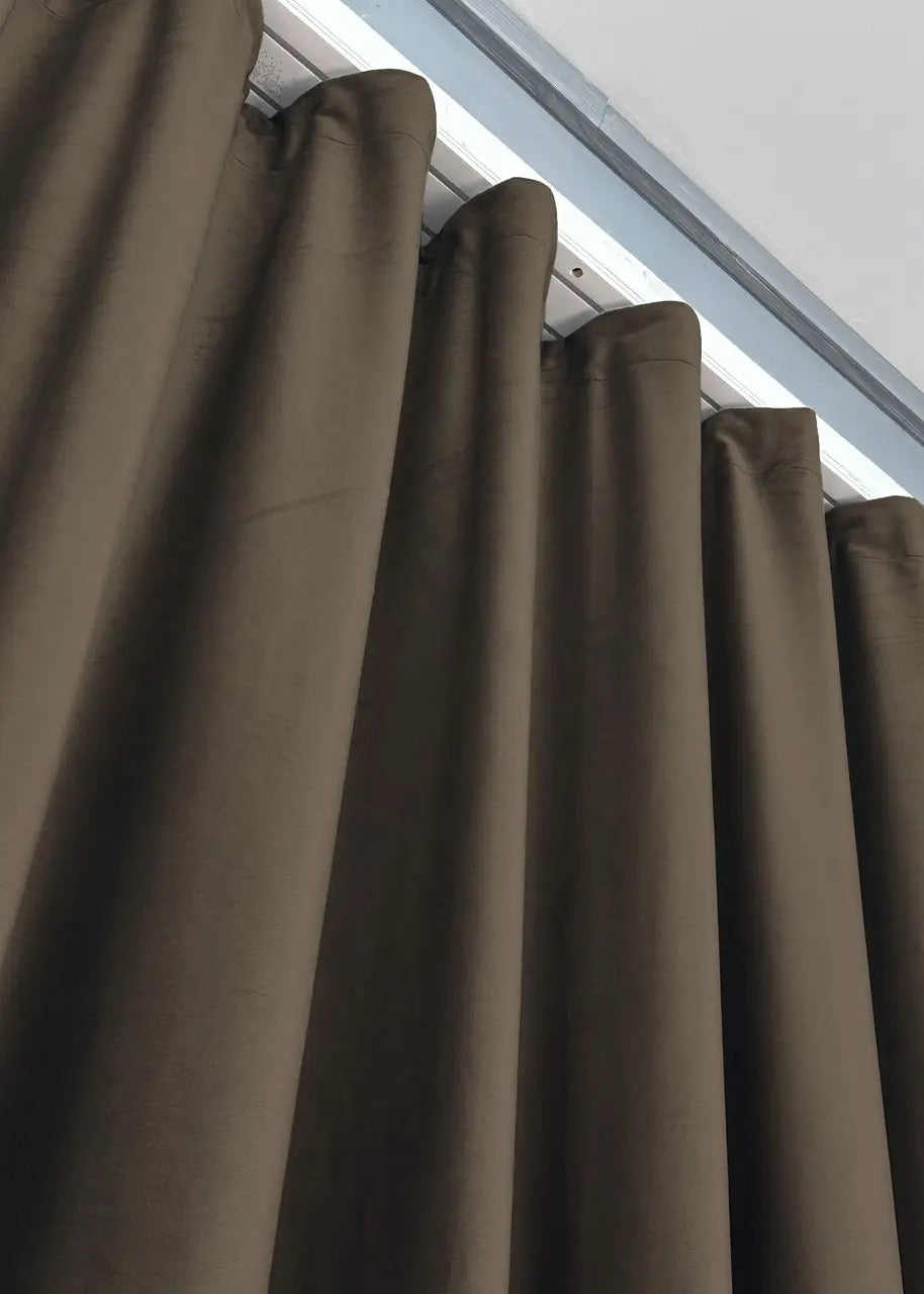 Premium coffee brown velvet curtains, featuring thermal insulation and blackout properties, making them a must-have for modern interiors.
