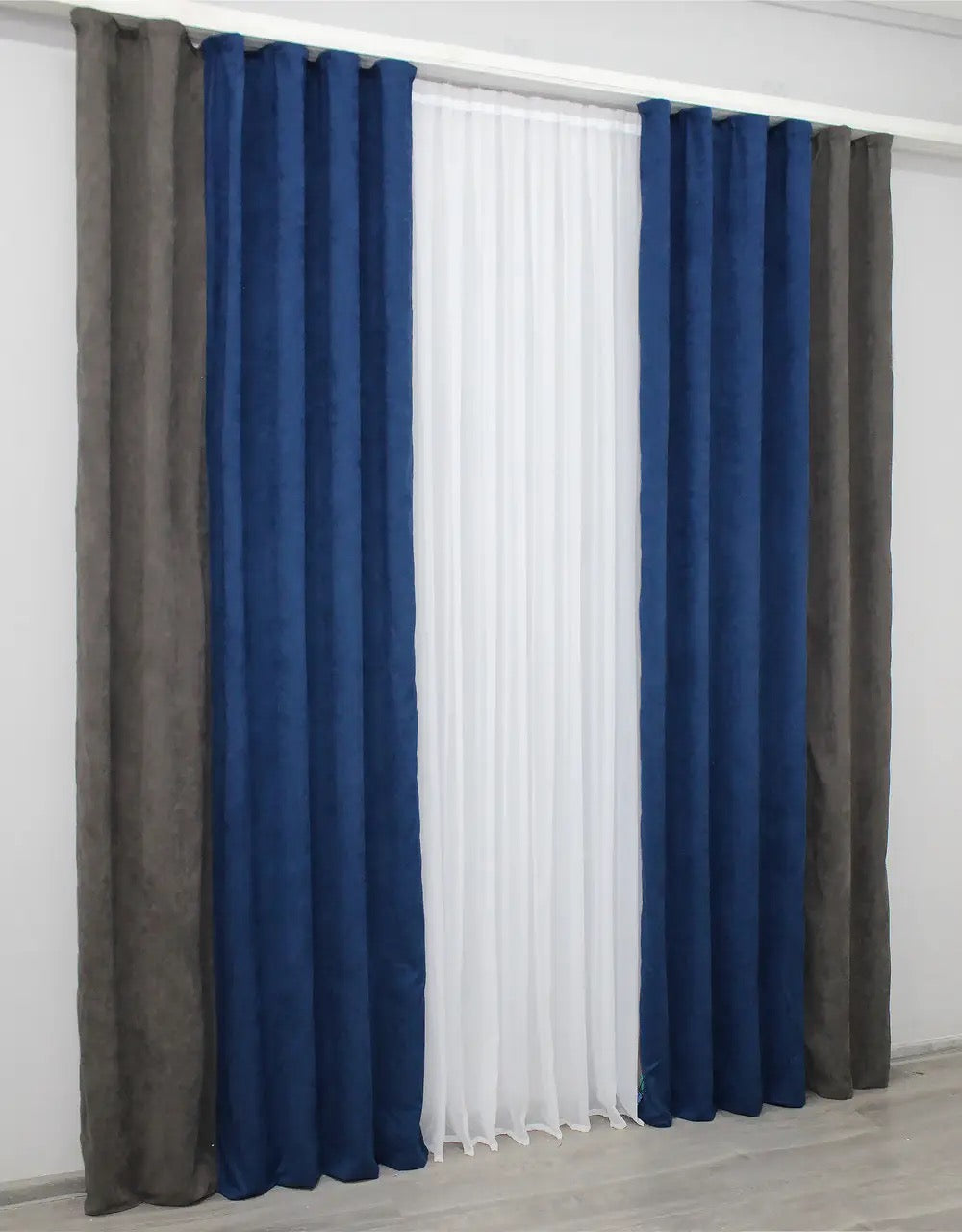 Premium dark cocoa, brown, and blue combined microvelvet curtains with a soft drape and luxurious feel for any room.
