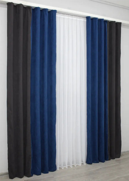 Premium graphite, silver, and blue combined microvelvet curtains with a soft drape and luxurious feel for any room.
