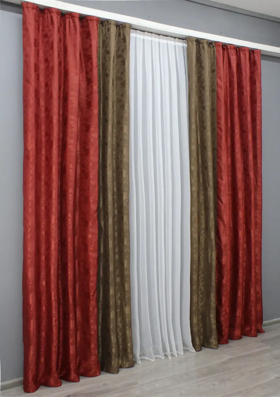 Premium red and burgundy jacquard curtains, ideal for any modern or cozy space, adding depth and elegance to your home décor with their luxurious two-tone design.
