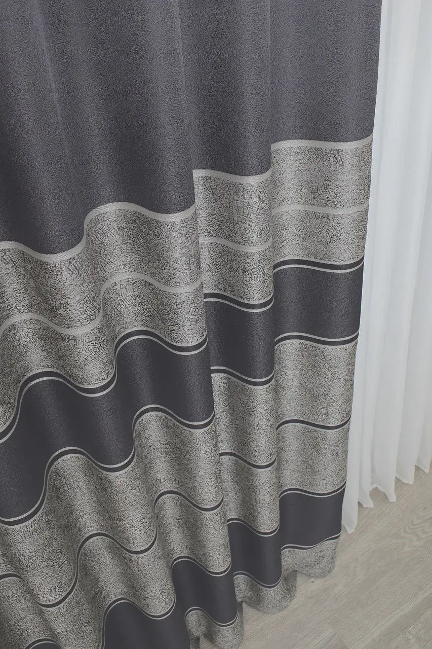 Premium-quality dark grey curtains with silver border, perfect for minimalist and modern decor.
