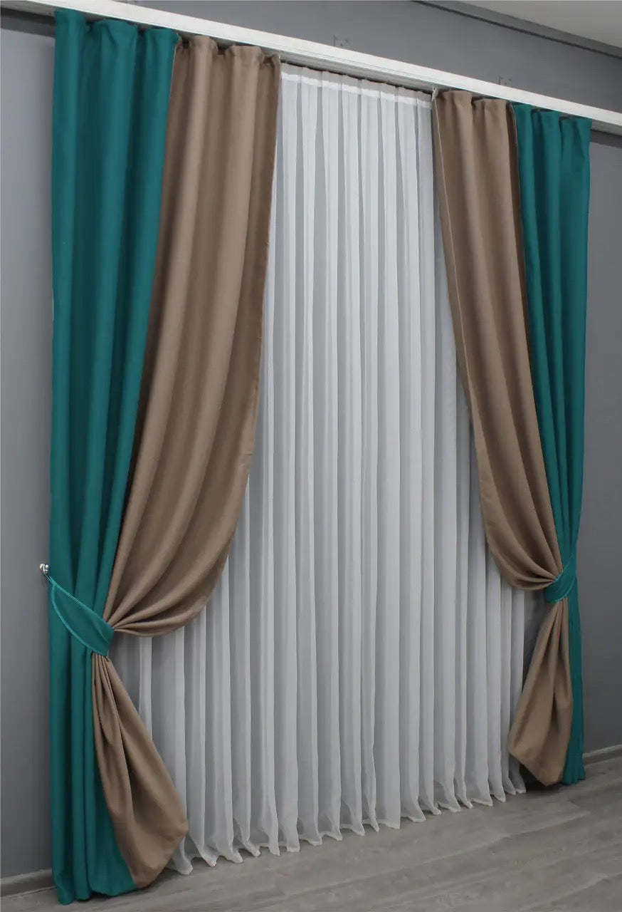 Premium emerald and dark beige combined blackout curtains offering a soft texture with a refined drape.
