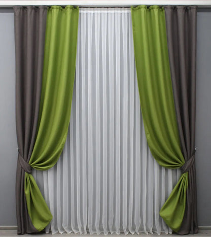 Premium linen blackout curtains featuring a grey-brown base with a vibrant lime green accent, offering a modern and earthy aesthetic.
