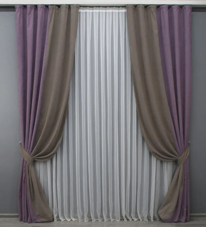 Premium microvelvet lavender and cocoa combined curtains, adding soft femininity with a grounding earthy contrast to your home décor.
