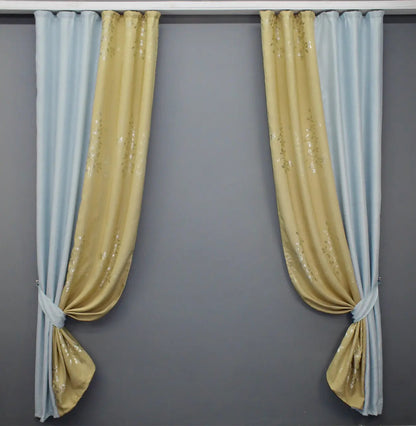 Premium light blue and beige linen curtains offering a beautifully textured drape, perfect for brightening up living rooms and bedrooms.
