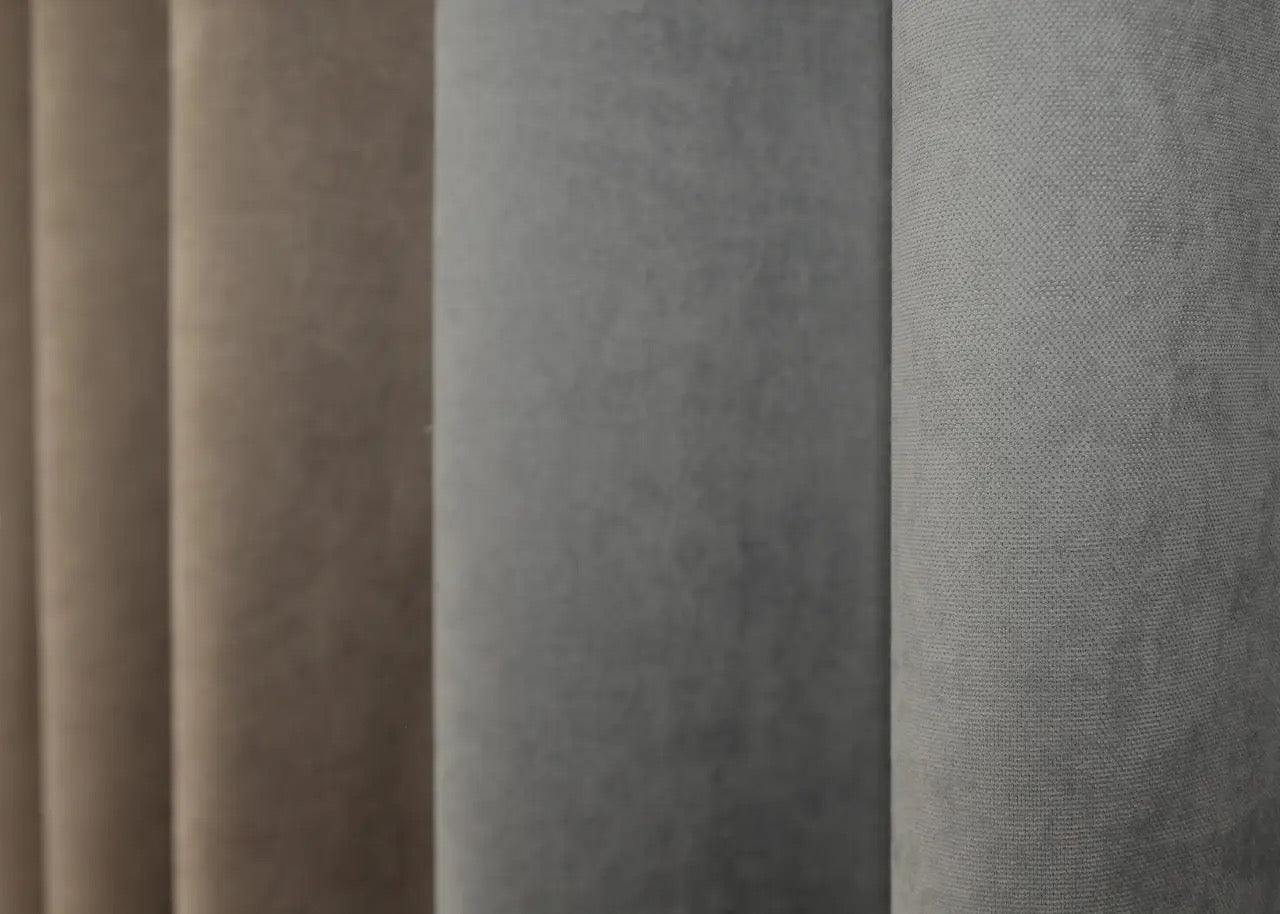 Premium light cocoa and grey combined microvelvet curtains, offering a soft and elegant drape, ideal for modern and luxurious home interiors.
