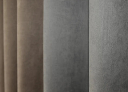 Premium light cocoa and grey combined microvelvet curtains, offering a soft and elegant drape, ideal for modern and luxurious home interiors.
