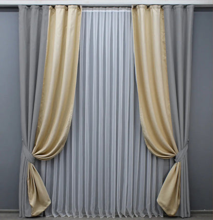 Premium linen blackout curtains featuring a soft light grey and beige combination for a sophisticated and organic contrast.
