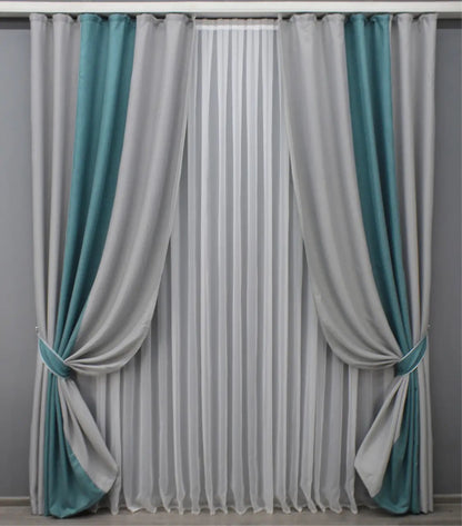 Premium linen curtains in light grey and turquoise, perfect for adding a refreshing and harmonious touch to any contemporary home.
