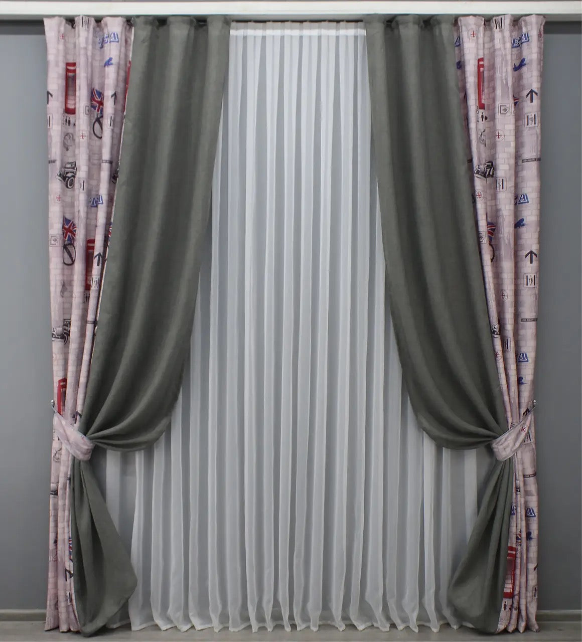 Premium satin and linen fabric combined in multicolor, soft pink, and dark grey curtains for a refined, luxurious look in any space.
