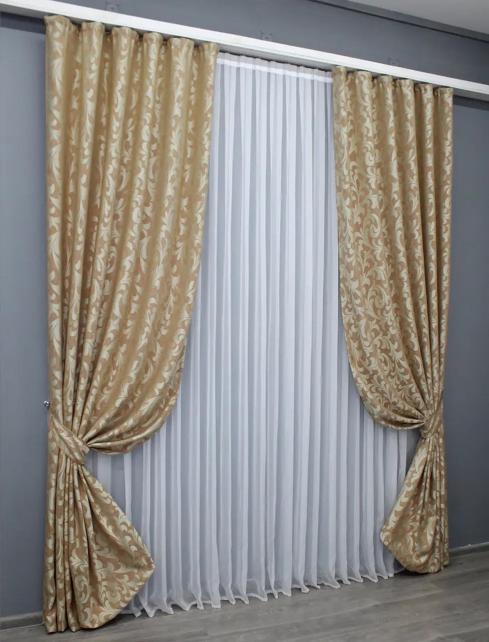 Rustic-textured linen curtains in beige with a timeless ornamental motif for sophisticated decor.
