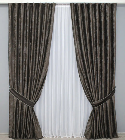 Premium wenge velvet fabric curtains, ideal for living rooms, bedrooms, and dining rooms, providing a rich, luxurious touch.
