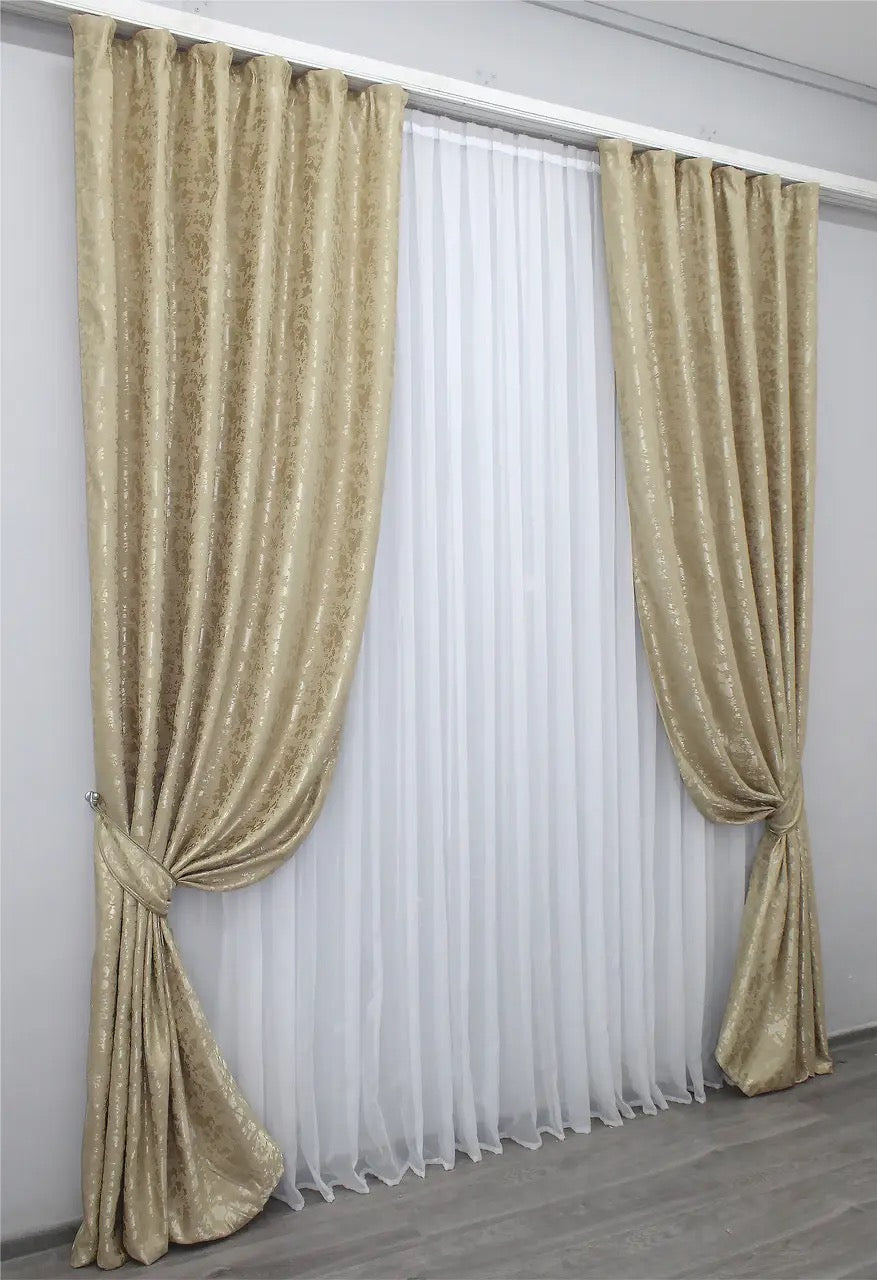 High-quality beige linen curtains with a luxurious pattern, enhancing brightness and warmth in living spaces.
