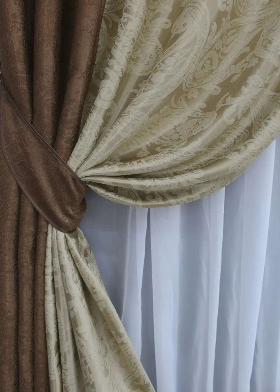 Refined two-tone brown and beige curtains with premium soft fabric, ideal for cozy bedrooms or upscale interiors.
