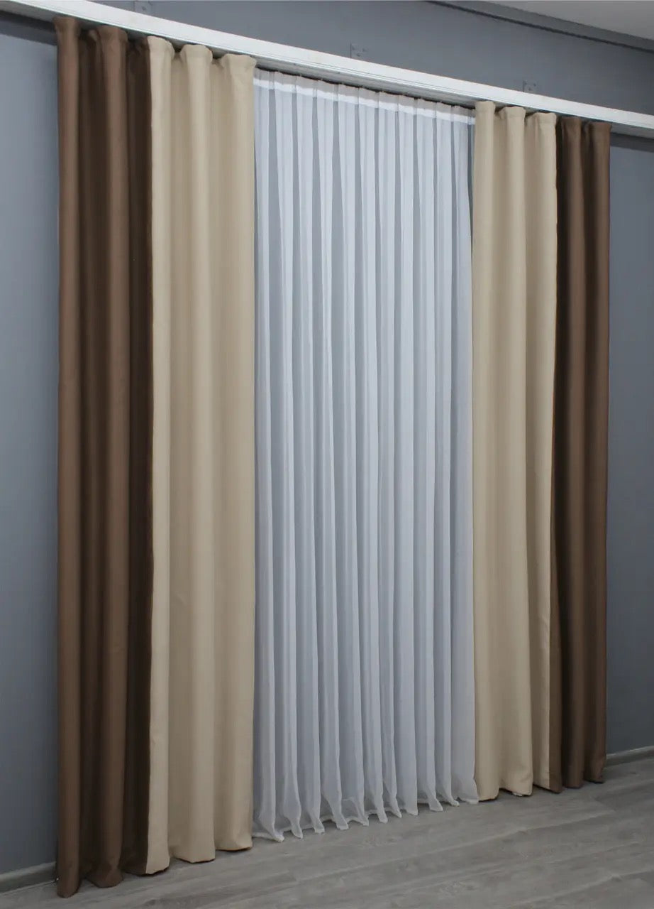 Refined chocolate and beige blackout curtains that add sophistication and comfort to your home office or study.
