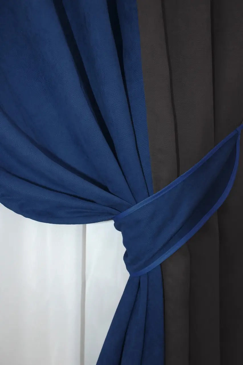 Elegant and stylish graphite and blue combined microvelvet curtains for a contemporary and cozy atmosphere.