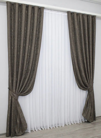 High-quality dark cocoa linen curtains with a luxurious pattern, enhancing refinement in living spaces.
