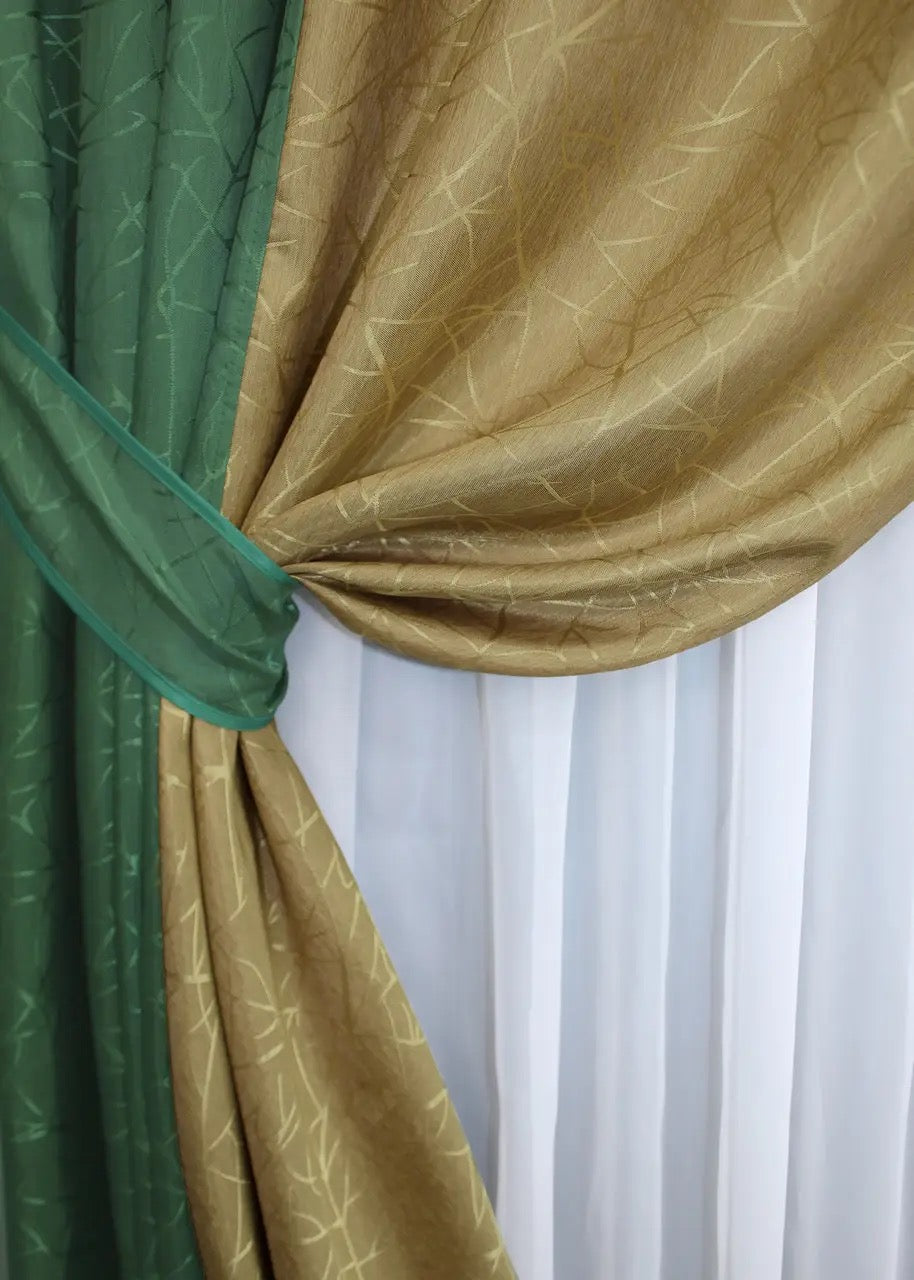 Refined dark green and gold combined jacquard curtains, providing a seamless contrast and elegant touch to sophisticated home decor.
