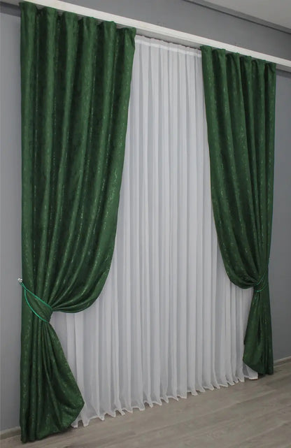 Premium emerald green linen curtains with a breathable, high-quality finish for contemporary home decor.
