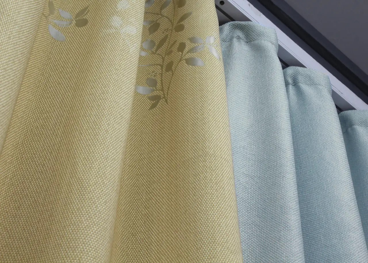 Refined light blue and beige combined linen curtains that offer a seamless contrast, adding depth and lightness to any room.
