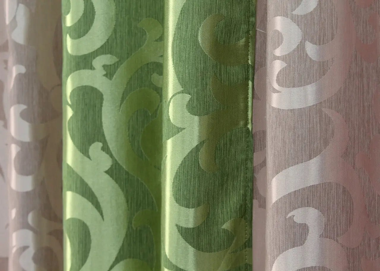 Elegant powder pink and lime green two-tone jacquard curtains, offering a harmonious blend of softness and bold color contrast for stylish interiors.
