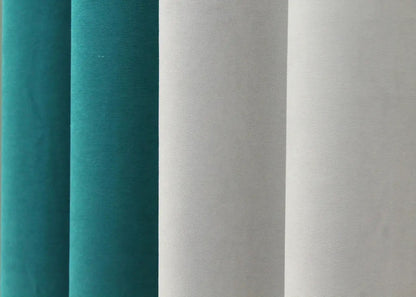 Turquoise and light grey combined microvelvet curtains, perfect for adding color contrast and a luxurious feel to modern home interiors.
