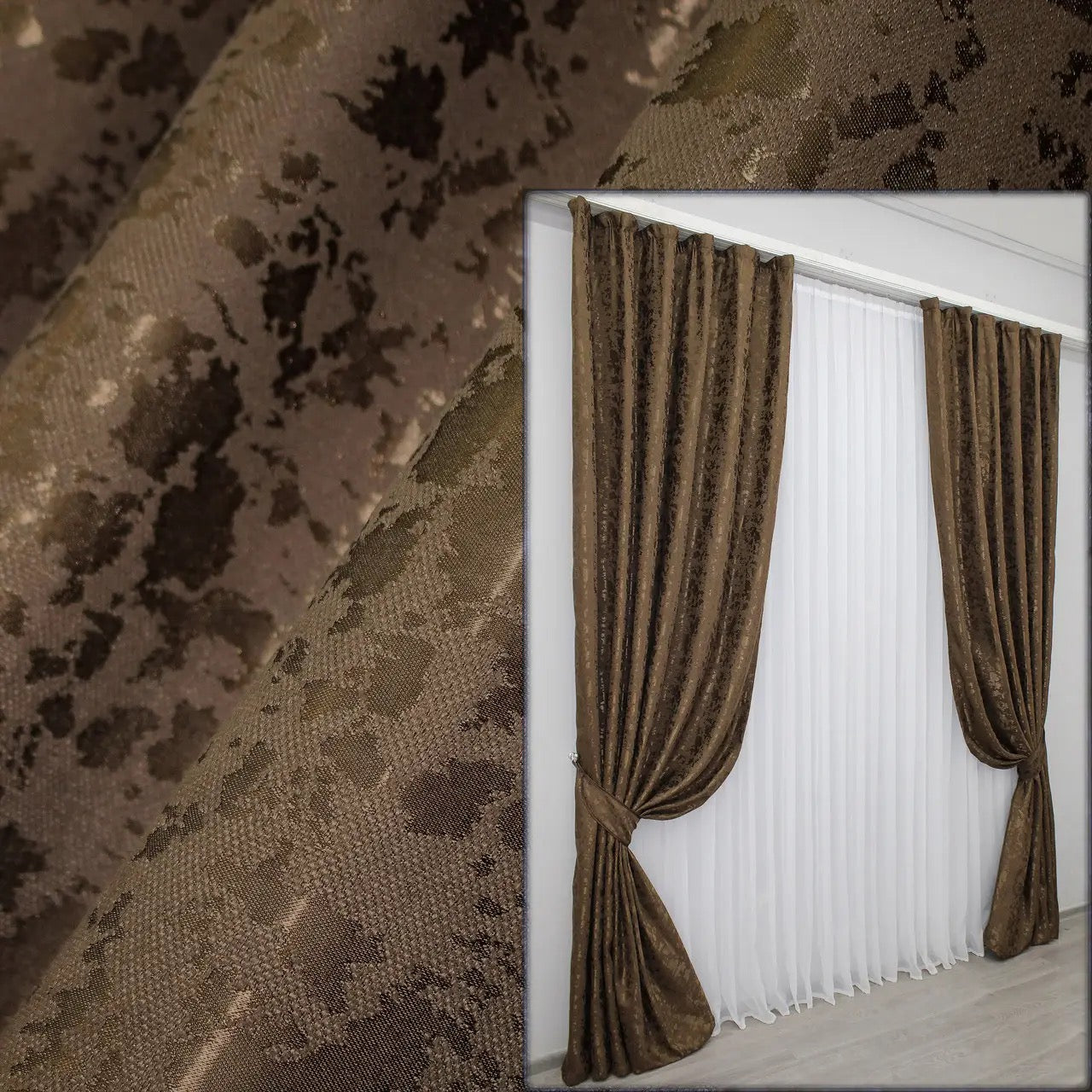 Elegant brown linen curtains with a subtle marble pattern, adding warmth and sophistication to any interior.
