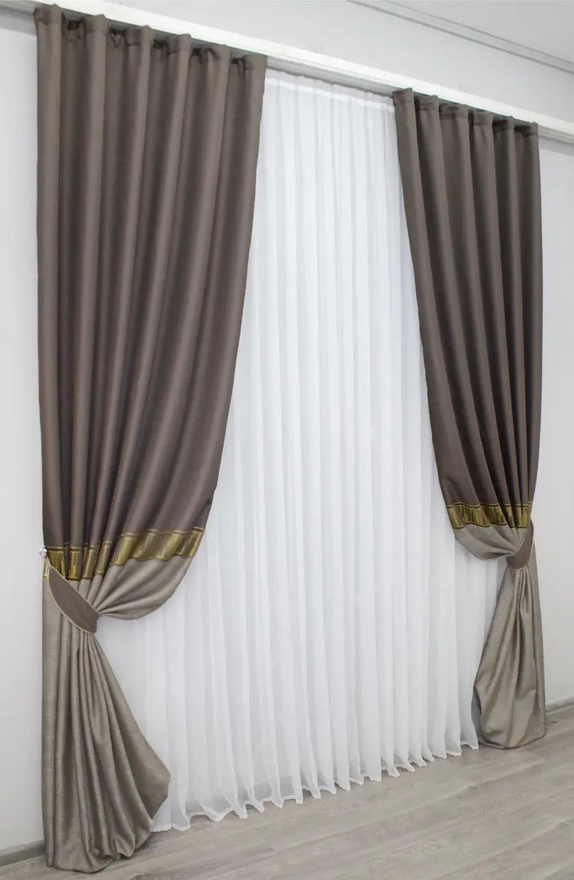 Soft-textured dark brown curtains with a luxurious golden border, perfect for upscale living rooms.
