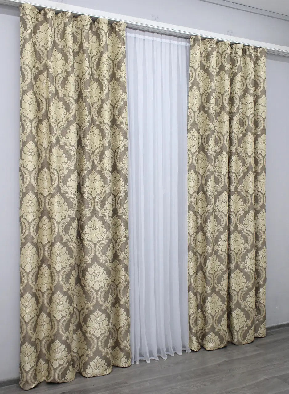 Timeless cappuccino and beige linen curtains with an intricate ornamental texture for elegant home decor.
