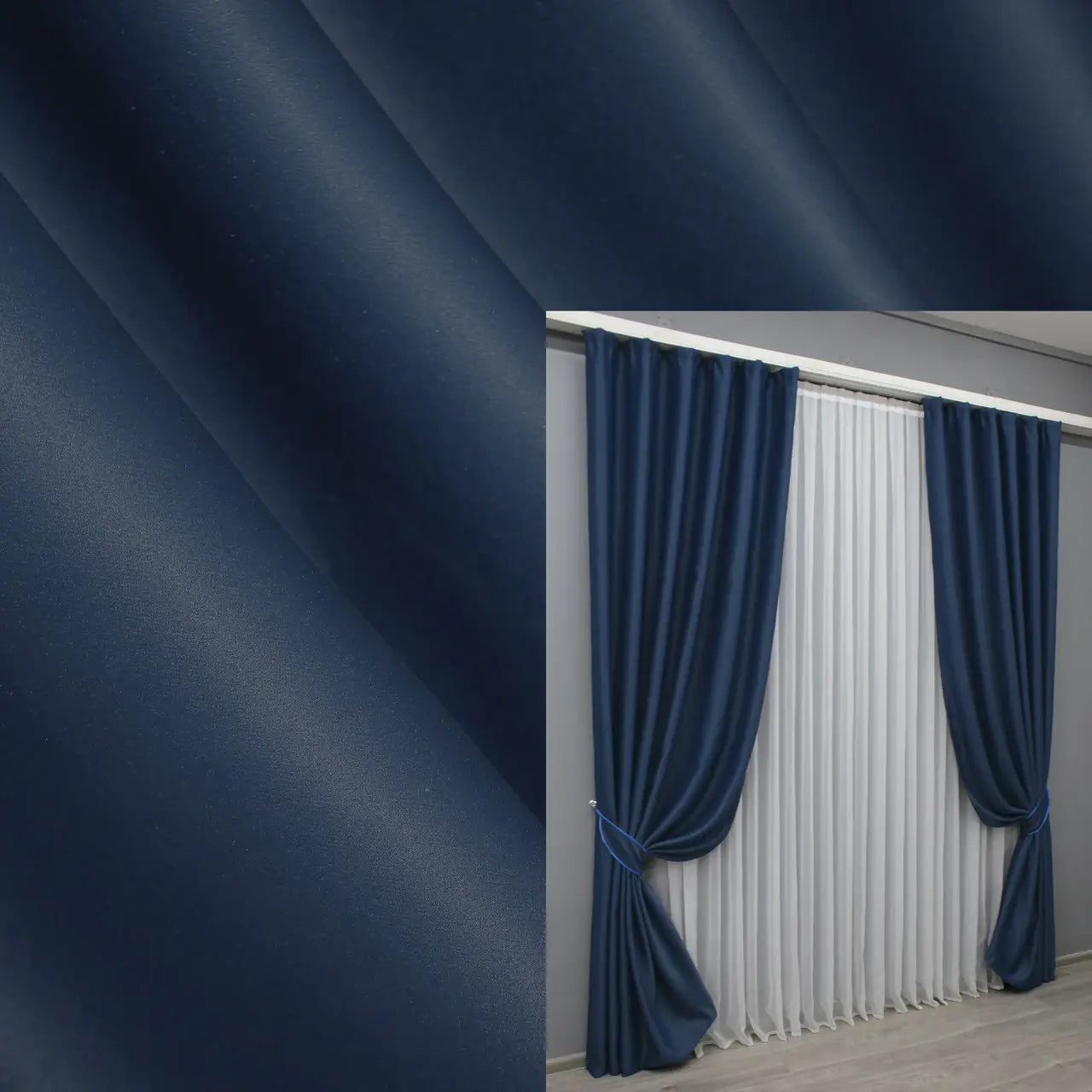 Royal blue blackout curtains made from premium Bagema Rvs fabric for superior insulation.
