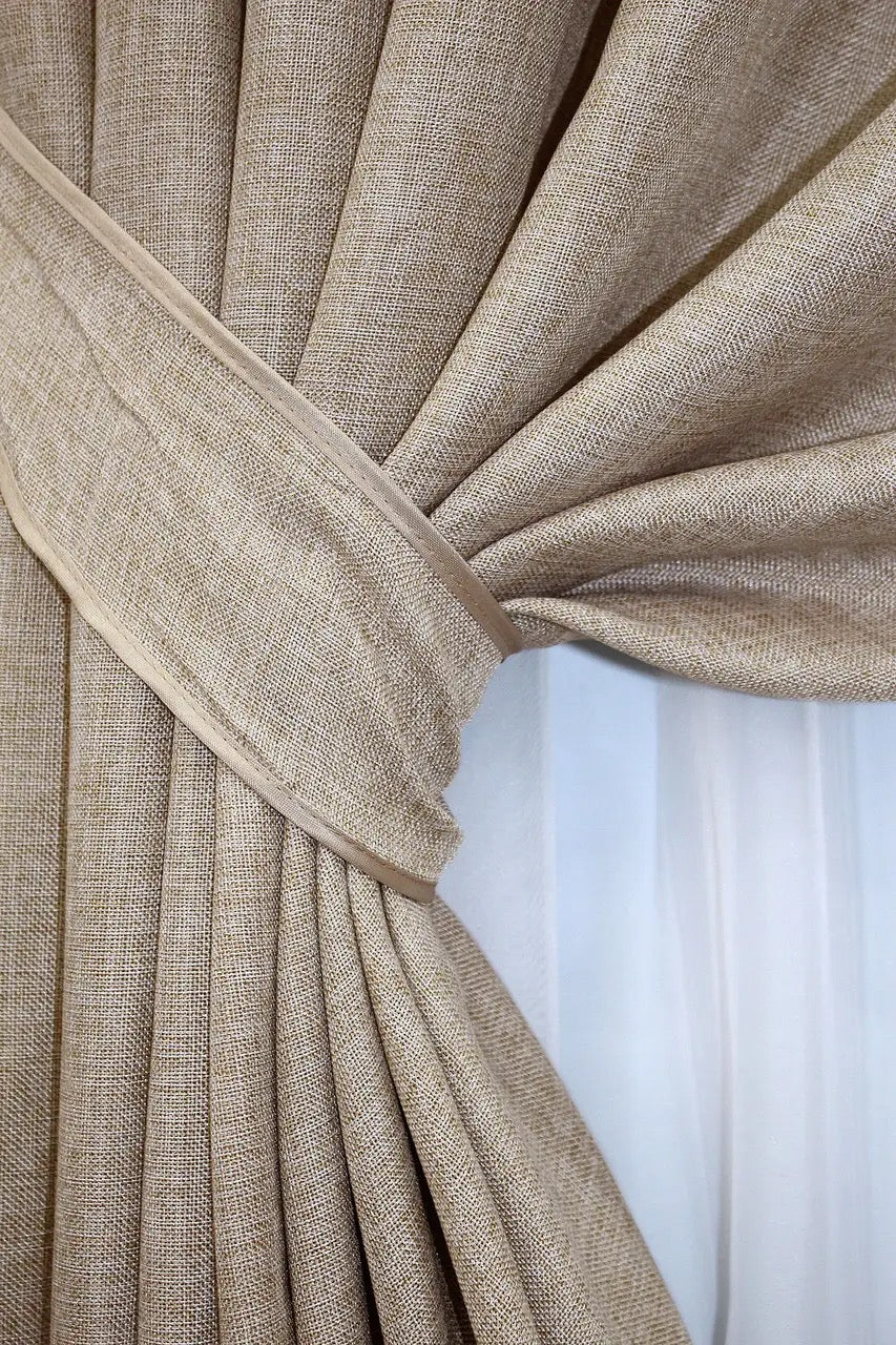Rustic burlap-style linen curtains with a warm coffee brown tone, designed for eco-friendly and boho interiors.
