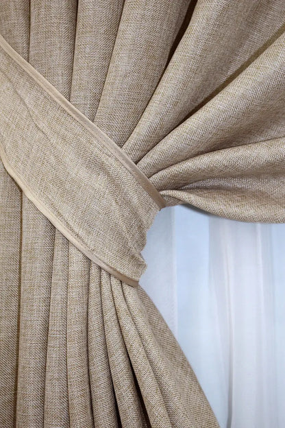 Rustic burlap-style linen curtains with a warm coffee brown tone, designed for eco-friendly and boho interiors.
