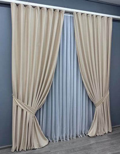 Sand beige velvet blackout curtains, adding a touch of elegance and style to any living space.
