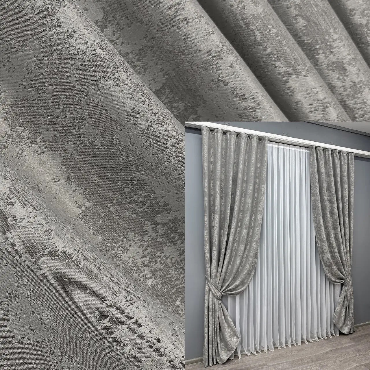 Elegant silver jacquard curtains with a luxurious woven texture, adding a refined and contemporary touch to home décor.
