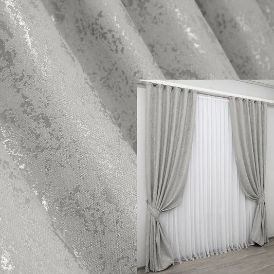 Silver linen curtains with a subtle marble pattern, adding a refined and airy feel to any modern interior.
