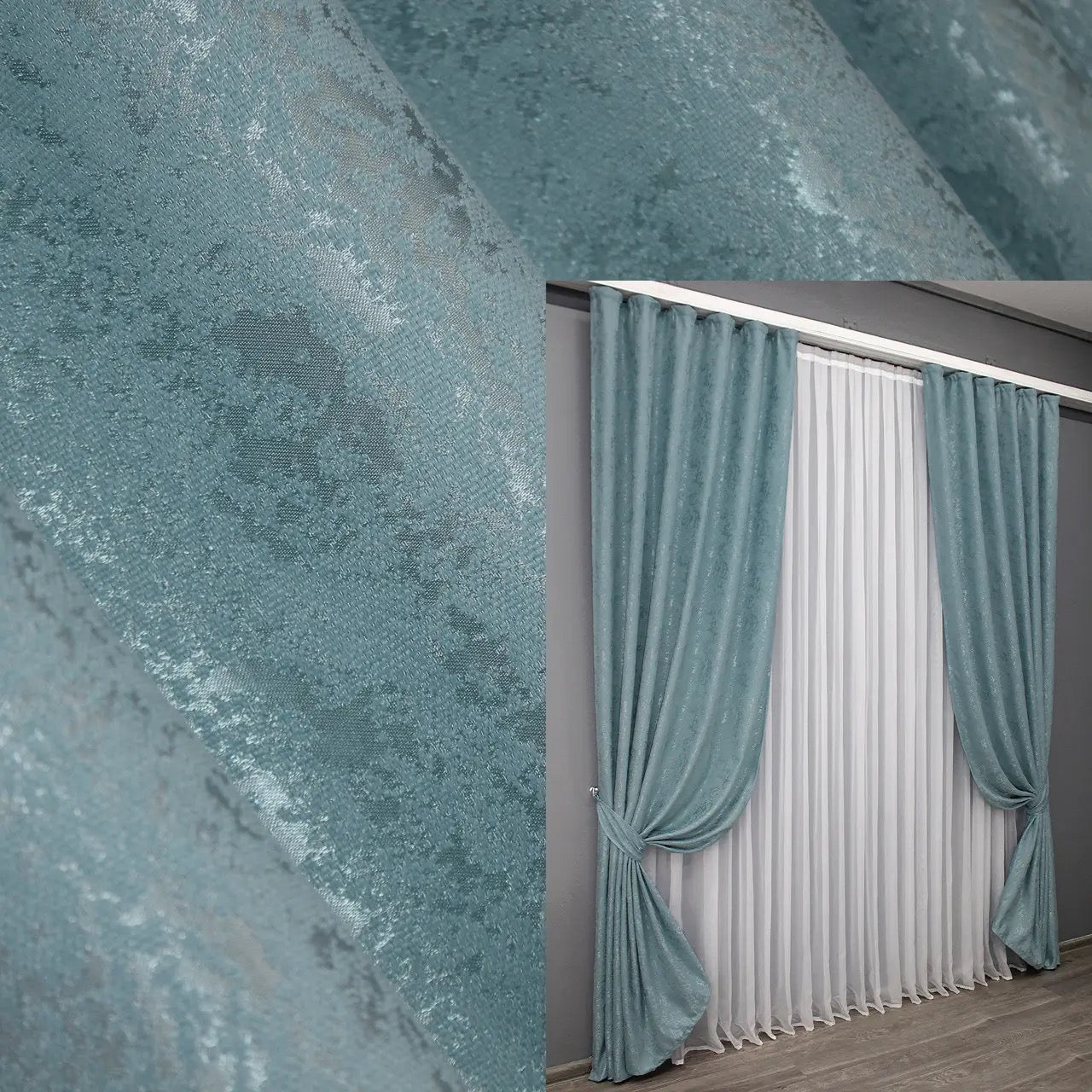 Elegant sky blue linen curtains with a subtle marble pattern, adding freshness and sophistication to any space.
