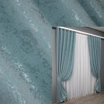 Elegant sky blue linen curtains with a subtle marble pattern, adding freshness and sophistication to any space.
