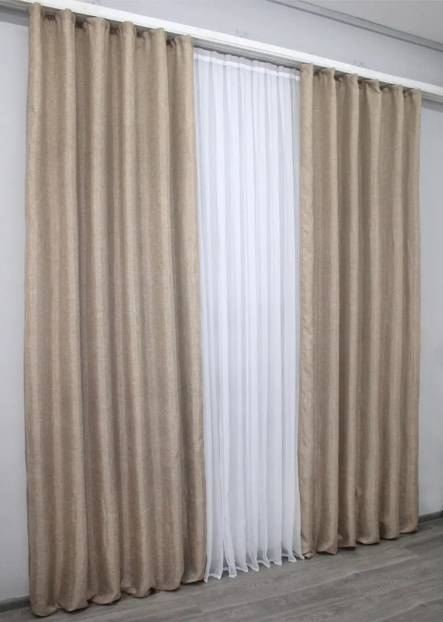Soft burlap linen curtains, offering a vintage and farmhouse aesthetic with breathable, lightweight fabric.
