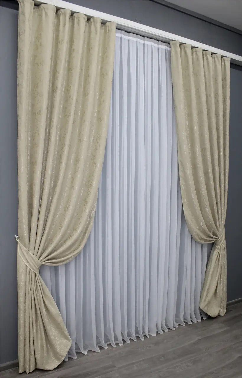 Soft champagne gold linen curtains, designed for a light-filtering effect and an airy, stylish ambience.
