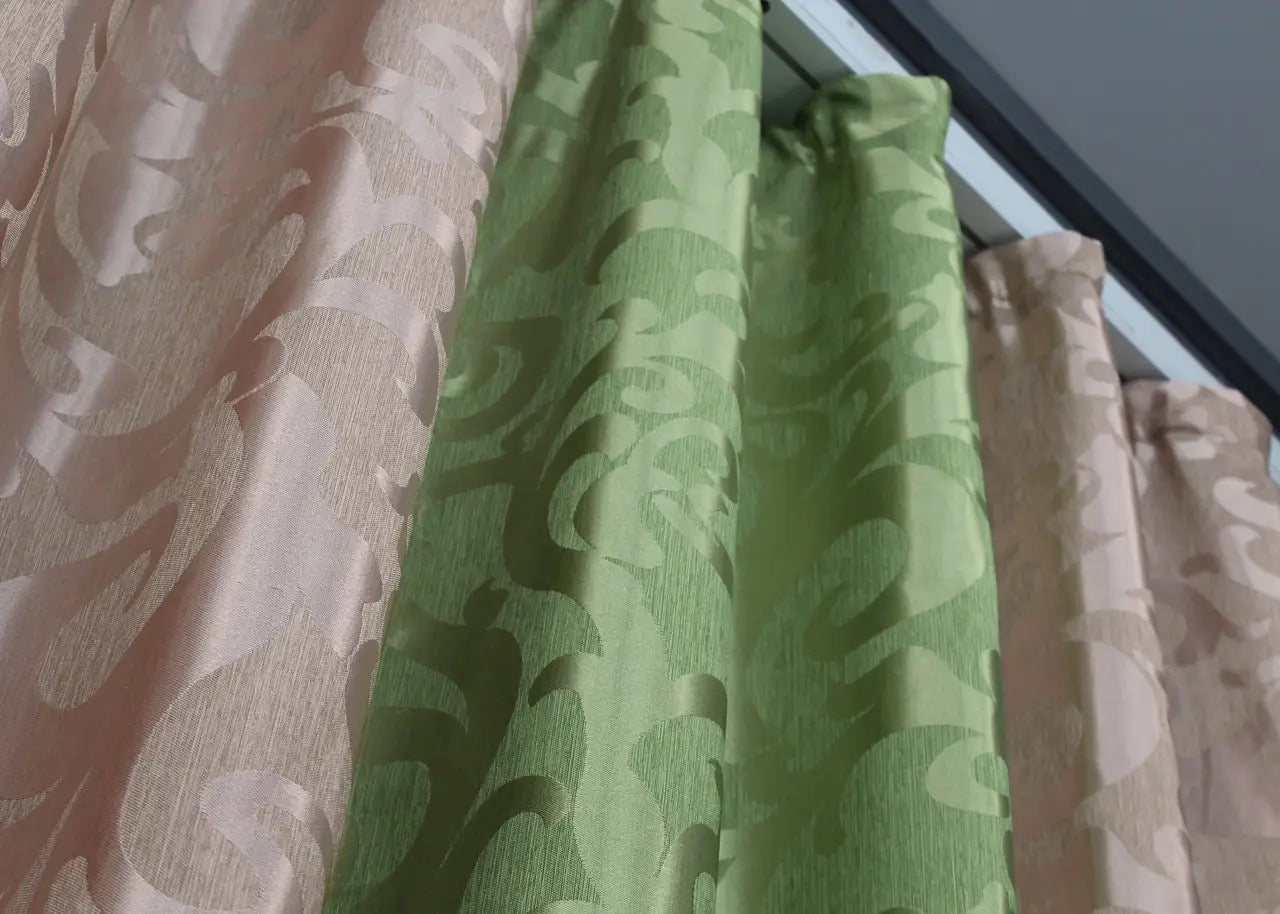 Luxury powder pink and lime green combined jacquard curtains that offer a chic, timeless look with a sophisticated design and texture.
