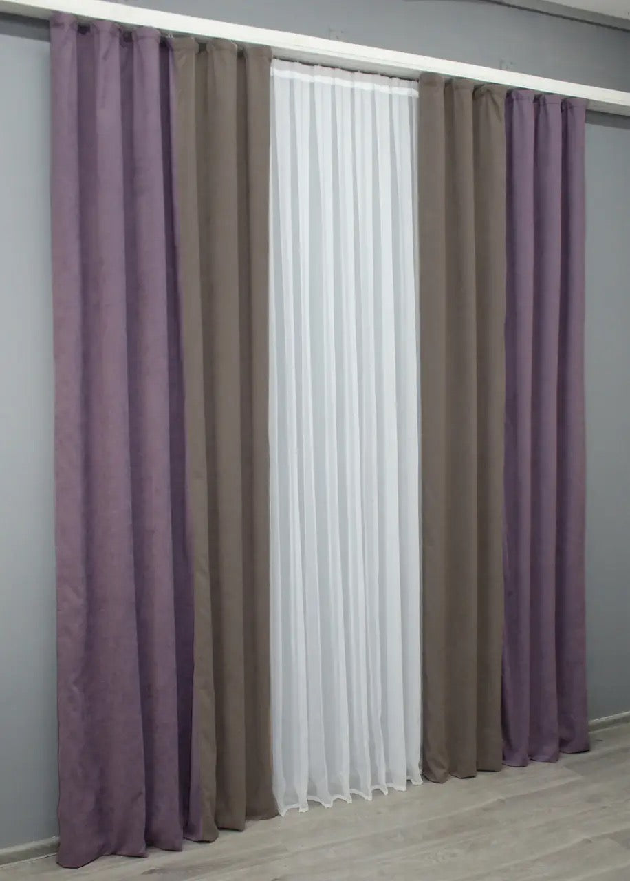 Lavender and cocoa microvelvet curtains with a luxurious texture and a two-tone design, ideal for modern living rooms and bedrooms.
