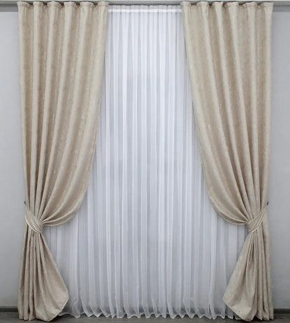 Soft light beige linen drapes with a delicate marble texture, perfect for sophisticated and stylish home decor.
