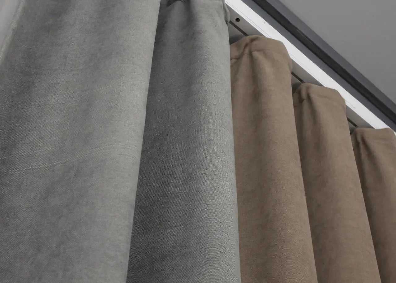 Soft light cocoa and grey combined microvelvet curtains from the "Sparta" collection, designed to add warmth and modern elegance to any room.
