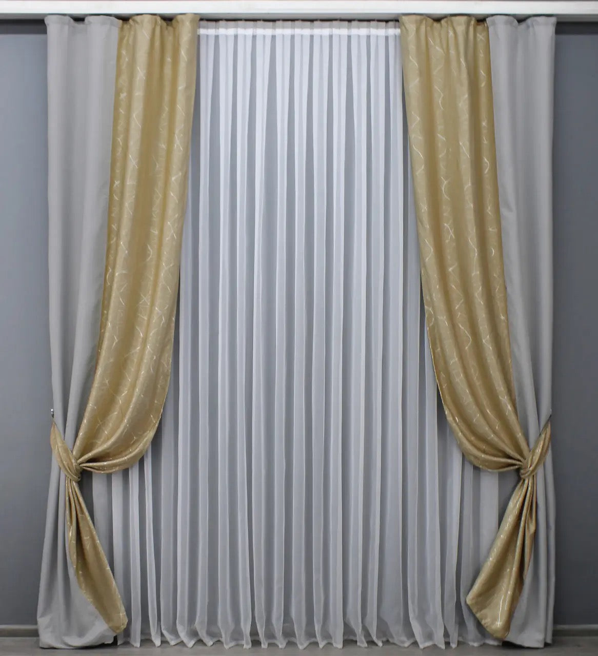 Soft light grey and beige linen burlap curtains, perfect for adding a serene and sophisticated touch to any room.
